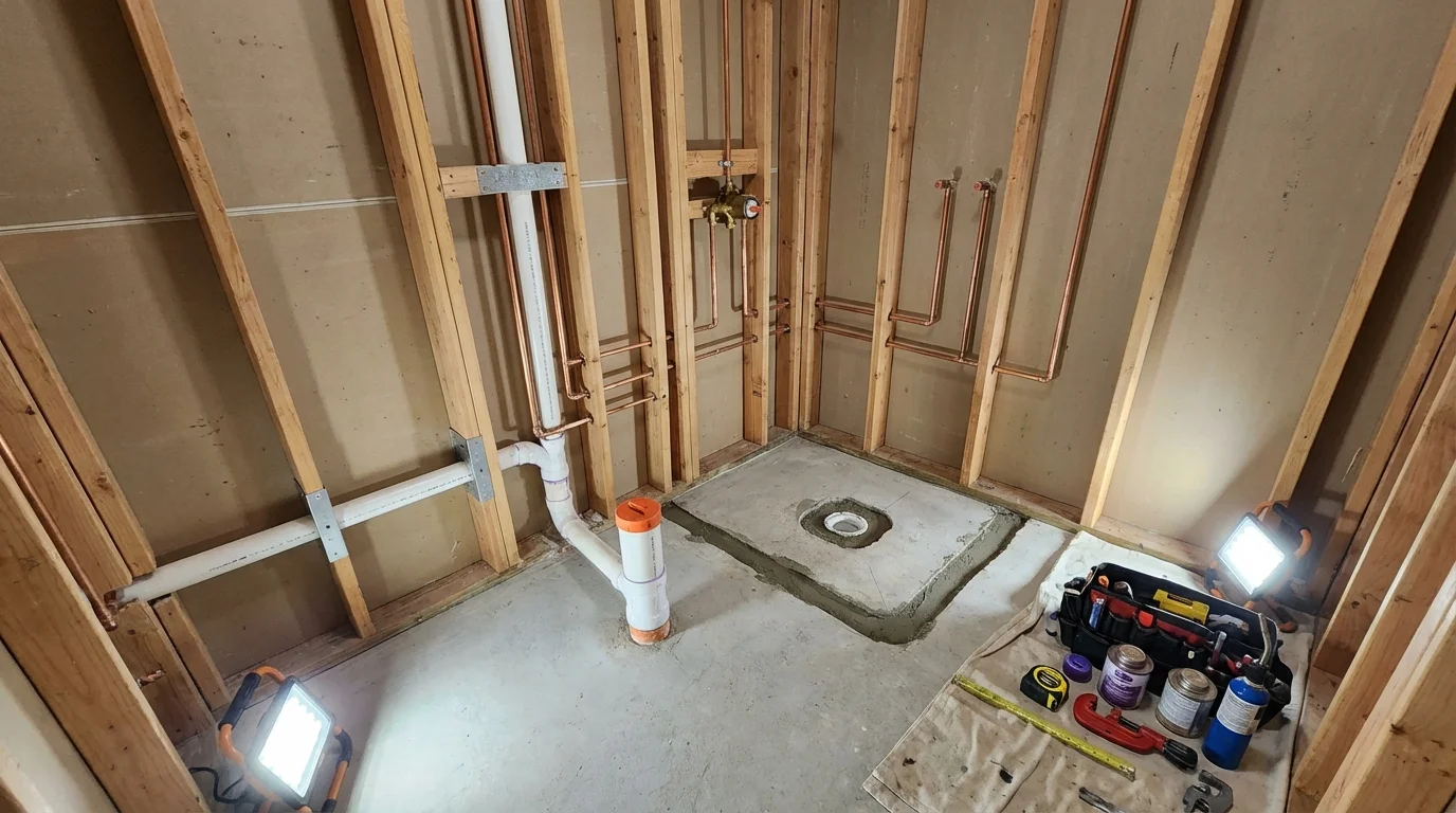 Bathroom rough-in plumbing during remodel by Johns Plumbing LLC in Roundup
