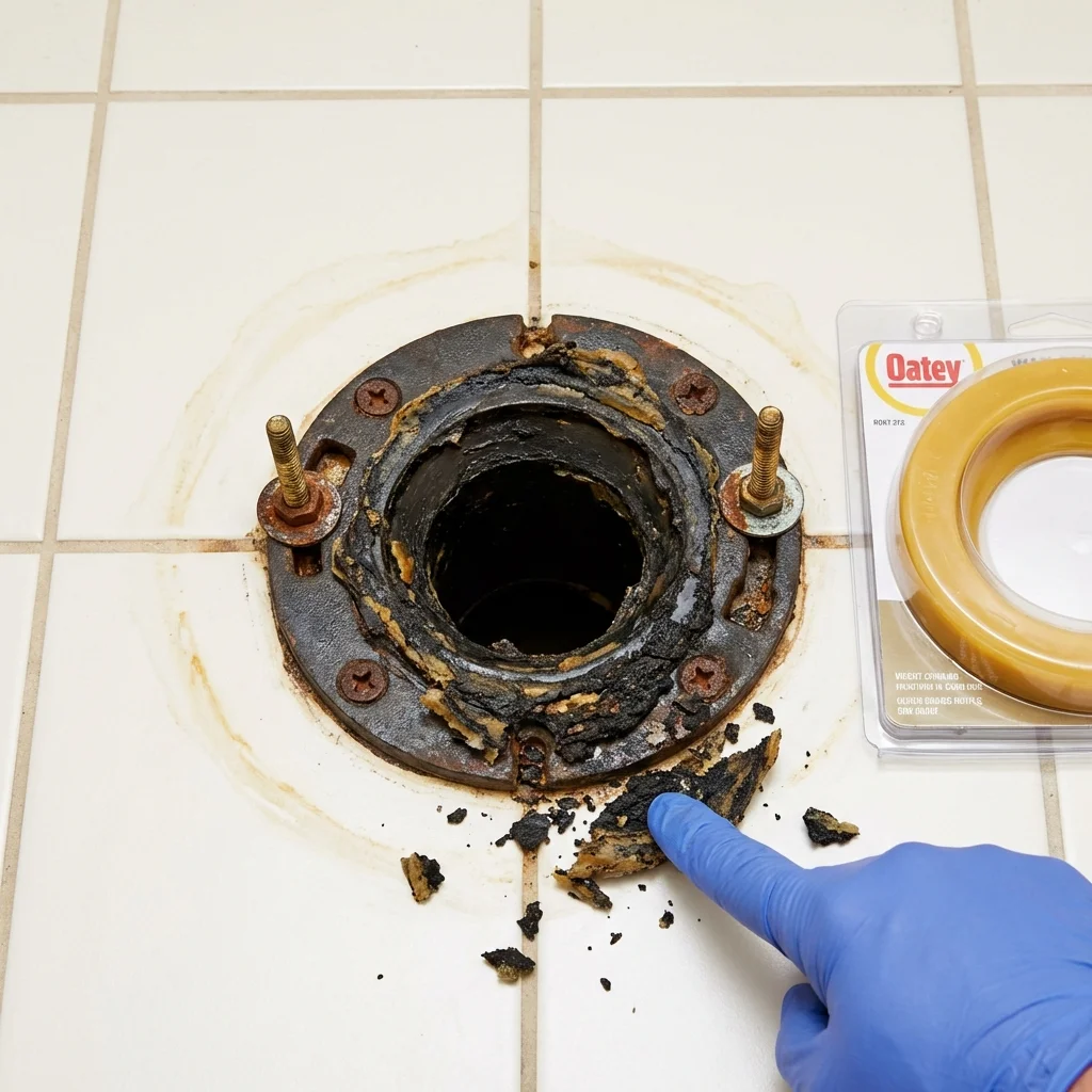 Failed wax ring showing water seepage at the base of a toilet in a Roundup, MT home