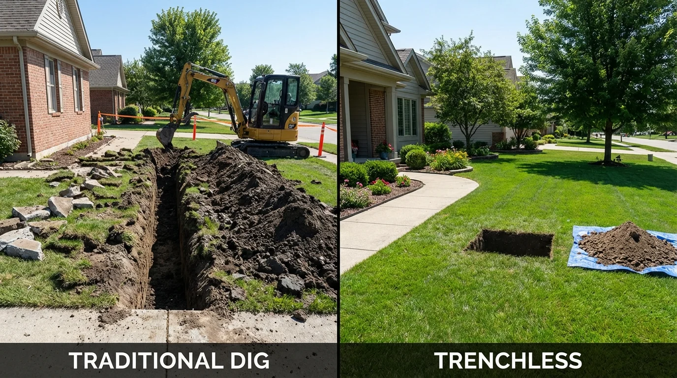 Trenchless sewer repair with minimal yard damage versus traditional excavation in Roundup, MT