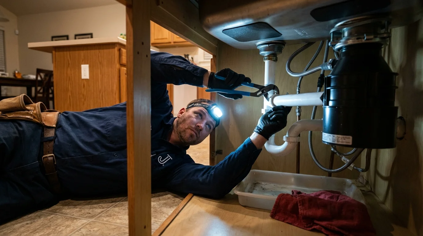 P-trap and supply line connections under a kitchen sink showing a common leak point in Roundup, MT
